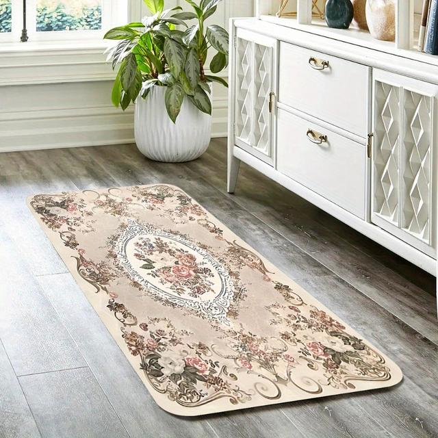 TEMU 1pc Romantic Vintage Roses Pattern Kitchen Floor Mat - 1cm Thick, Soft Flannel Sponge, Machine Washable, Elegant In Brown, Beige & White, Perfect For Kitchen Decor, Kitchen Floor Ma