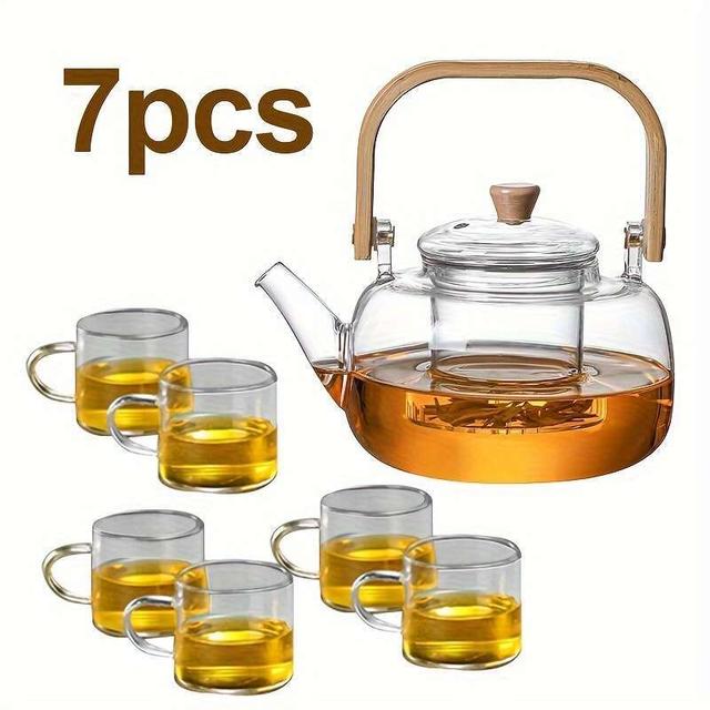 TEMU 7pcs Glass Tea Set, Including 6 Cups, A Transparent Borosilicate Glass Teapot With A Detachable Infuser, A Heat-resistant Pine Filter, And A Pattern- - An Elegant Transparent Tea Set