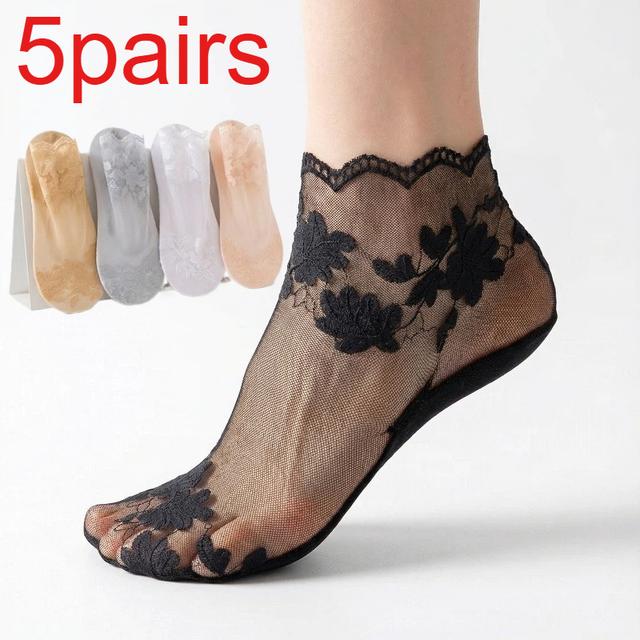 TEMU 5 Pairs Women Summer Socks Elegant Lace Trim Ankle Socks Breathable Hollow Out Socks