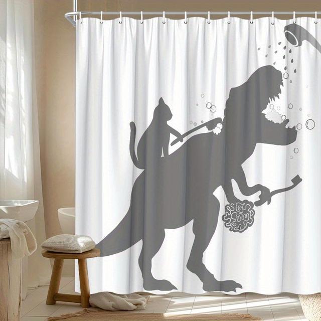 TEMU [2d Flat Printing] 1pc Roaring Shower Curtain Dinosaur With Spraying Water While Cat Rides On Back Monochrome Bathroom Decor With 12 Hooks 70.8x70.8 Inches
