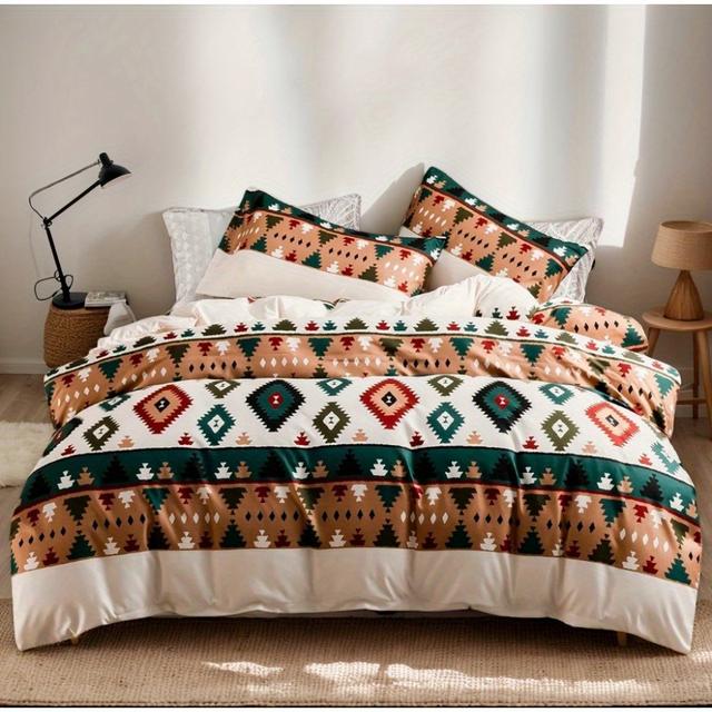 TEMU [halloween Gift] 3pcs Southwestern Denim Aztec Quilt Set (1 Quilt Cover + 2 Pillowcases) - Super Soft Bedding For All -christmas Halloween Home Decor