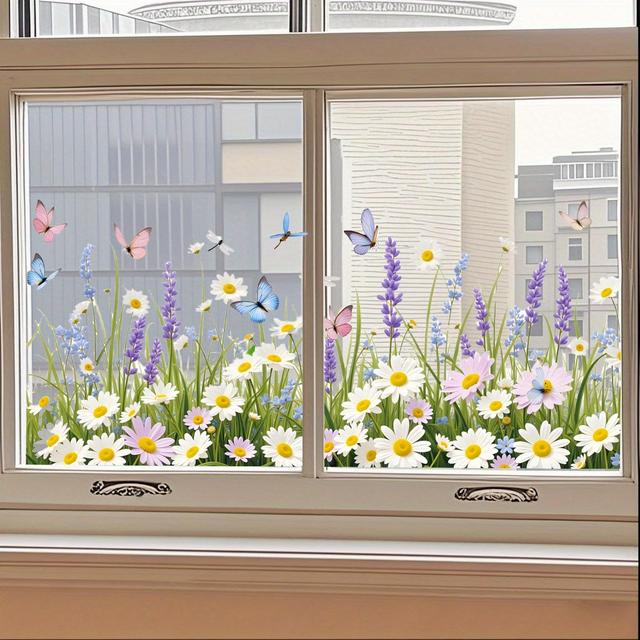 TEMU Malované statické samolepky s sedavých kopretin, můr a vážek do loftu obývacího pokoje domácí dekorace výlohy okenně nálepek na zeď