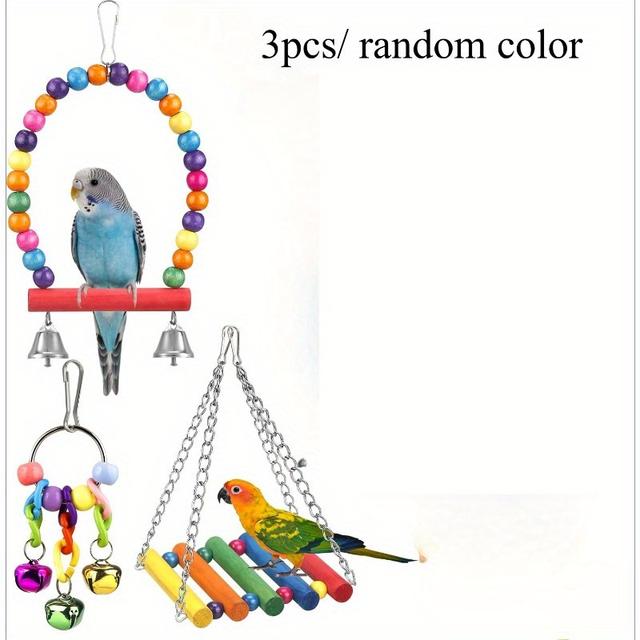 TEMU 1 Set 1pc/3pcs Bird Stand With Colorful Ladder Hammock, Bird Cage Additions, Chewing Toys, And Hanging Bells | Suitable For Birds, Made Of Wood