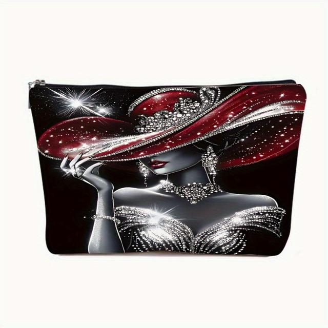 TEMU 1 ks Elegantní Kosmetická Taška s Červenou Kloboučkem - Stylový Organizér na Toaletní Potřeby pro Ženy, Cestovní Dárek k Narozeninám/Výročí - Design Glamourózní Šperkárny