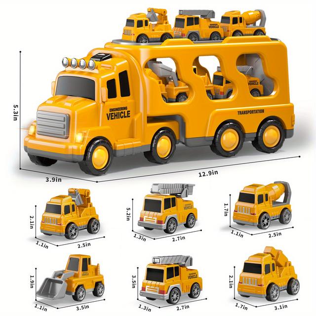 TEMU 7-in-1 Construction Vehicle Toys Designed For Boys Aged 3 To 6, Featuring Carrier Trucks With Lights, Sounds, And Friction Power