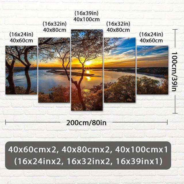 TEMU 2d Flat 5pcs Wooden Framed Canvas, Sunset Lake Trees Silhouette Landscape Nature Scenery, Fashion Poster, Pattern Art For Home Decoration, Wall Decor, High Quality Waterproof Painting, Hd Artwork