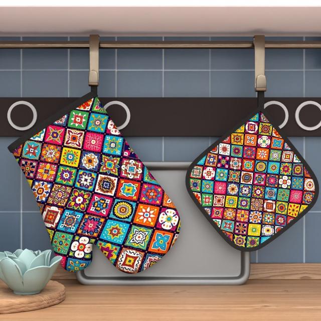 TEMU 2pcs Floral Pattern Oven Mitts And Potholders Set, Heat Resistant Polyester Kitchen Accessories, Machine Washable, Woven, For Grilling, Cooking, Baking, Broiling, Microwaving - 10.6*6.7 Inch