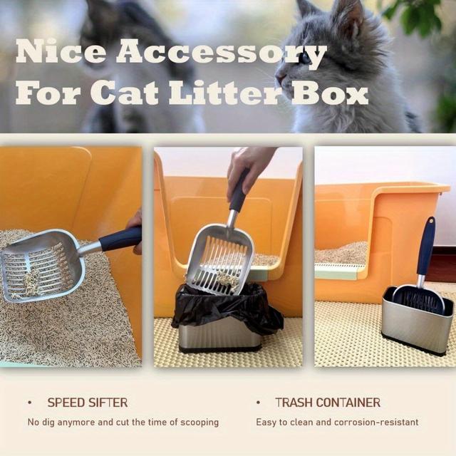 TEMU Large Metal Cat With Stand, Stainless Steel Cat Litter Box Frame Waste Container, Aluminum Cat Scoop All Clumps