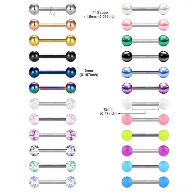 TEMU 24pcs Set Of Colorful Ball Night Light Ball Tongue Nail 304 Stainless Steel 14g Tongue Nail Straight Barbell Women's Body Piercing Jewelry 12mm, 14mm, 16mm, 18mm Halloween Gift