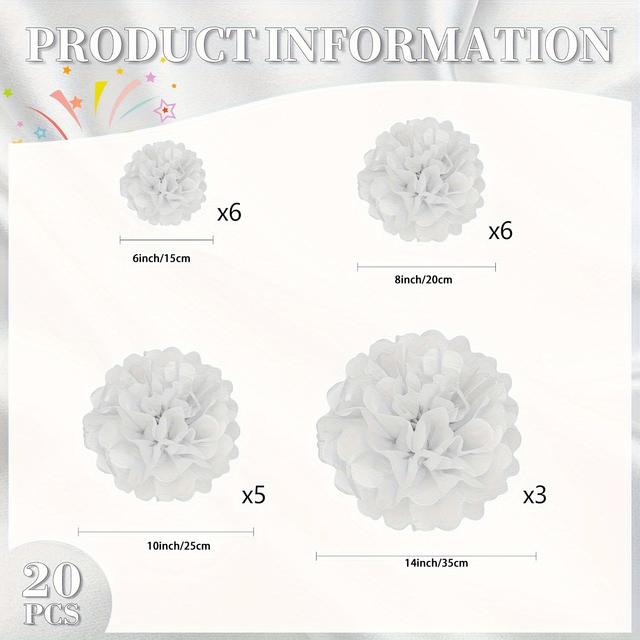 TEMU 20 szt. Białe Pompony z Papieru - Sferyczne Realistyczne Kwiaty na Wesele, Przyjęcie Panieńskie, Dekoracje na Imprezy - Eleganckie Białe Kulki Papierowe do Rękodzieła i Dekoracji Stołów (20 szt.)