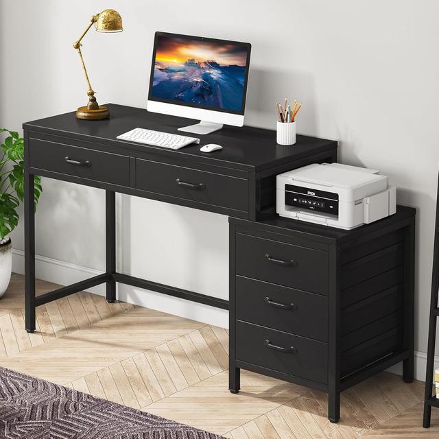 TEMU Computer Desk With 5 Drawers, Home Office Desks With Reversible Drawer Cabinet Printer Stand, Desk With Storage, Rustic Study Writing Table Workstation For Small Spaces, Black