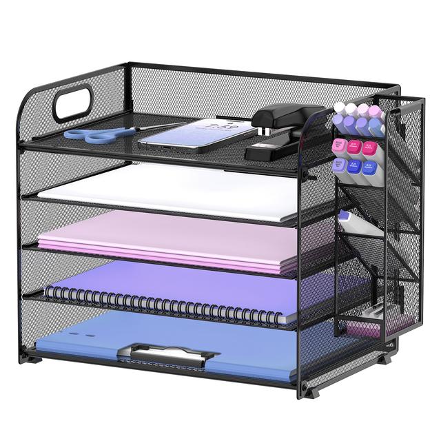 TEMU Jmhud 5-tier Metal Mesh Desk Organizer With Handle And Removable Pen Holder - Office Supply Storage Solution For Papers, Books, And More - Features Shelves And Design, Desk Accessories Office