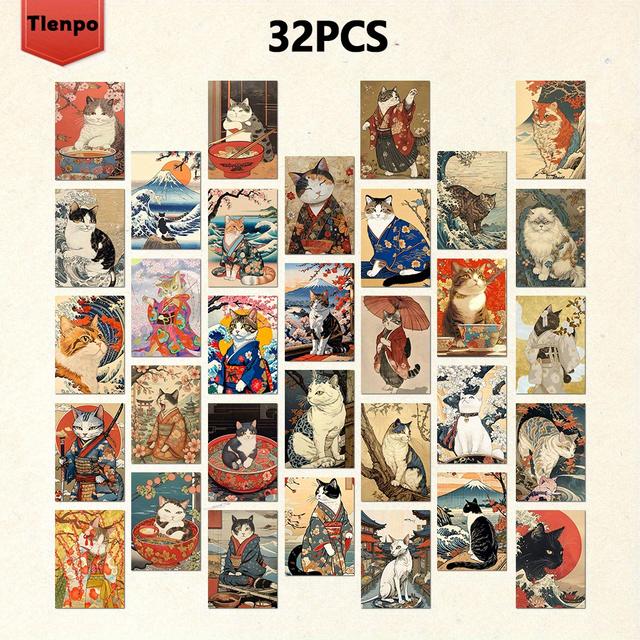 TEMU 32개 레트로 일본 고양이 엽서 - 스크랩북/벽 장식/인사 카드/메일/기념 카드, 생일·행사·파티용 카드 (액세서리 미포함)