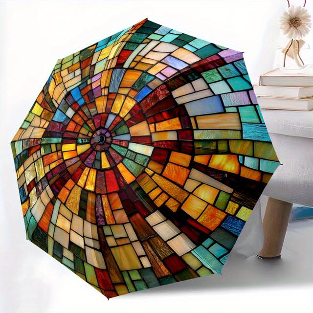 TEMU 1pc Painted Art Stained Glass Art Umbrella - Portable Home Essential Folding Umbrella Durable Iron Rod Structure Suitable For All Outdoor Umbrella H83
