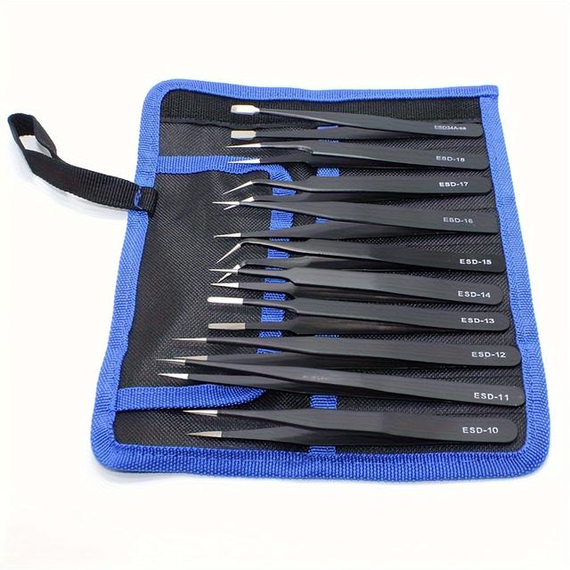 TEMU 10pcs Premium Anti-static Stainless Steel Tweezer Set – Ultra-precise, Industrial-grade Tools For , Model Making, And Electronics. Durable And Corrosion-resistant, With An