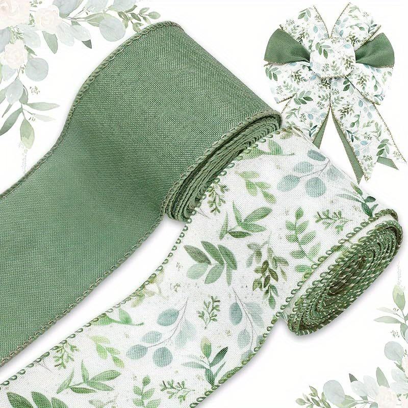 TEMU 2 Rolls Green Wired Edge Ribbon Green Eucalyptus Leaves Fabric Craft Ribbon For Spring Baby Shower Wedding Gift Wrapping Wreath Bows Crafts