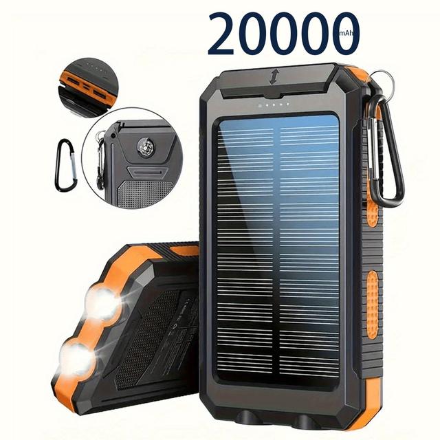TEMU 20000mah Portable Solar Power Bank, Portable Solar Mobile Phone Charger, Camping External Battery Charger For Mobile Phones, 2 Usb/ Led Flashlights With Compass For Outdoor Activities