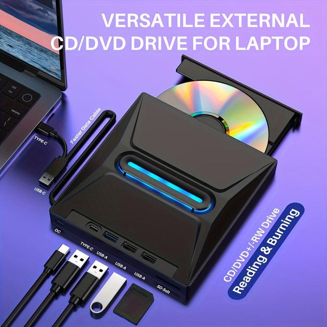 TEMU Fejlesztett Hordozható Külső CD DVD Meghajtó, USB-táplálású Type-C & USB 3.0 Többfunkciós DVD+/-RW Író/Író SD Kártyaolvasóval, 3 USB , Windows, , Apple OS rendszerekhez