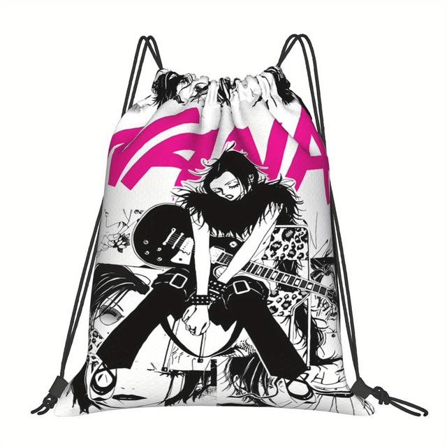 TEMU ZLIENSZUS Nana Osaki アニメバックパック - ブラック&ピンクのカートゥーンデザイン、ギター&星、調節可能な巾着、複数のポケット、洗濯機で洗える、学校、スポーツ、図書館、ショッピングに最適、学校用バックパック、音楽テーマデザイン、耐久性のあるストラップ
