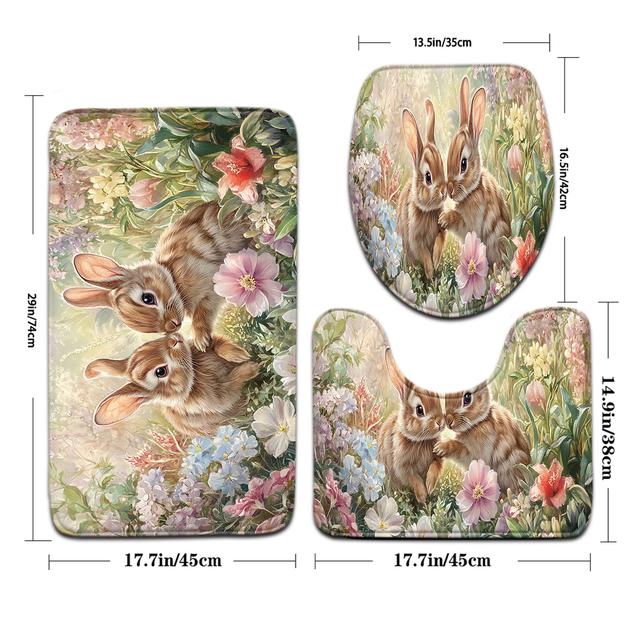 TEMU 3-teiliges Ostern-Badezimmer-Mat-Set mit Blumenkaninchen-Muster, Toilettenabdeckung und U-förmigem Fußmatte.