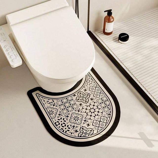 TEMU U-shaped Diatomaceous Earth Floor Mat - Quick-dry, Non-slip, Absorbent Bathroom Mat With Geometric Pattern, White & For Toilet Area, Kitchen, Or Entryway Decor, Toilet Mat