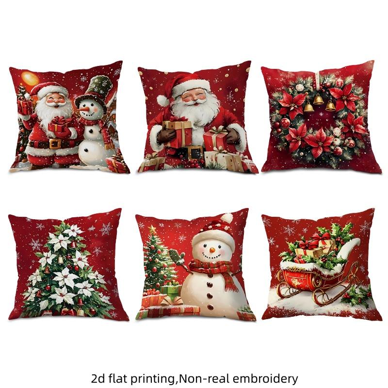 TEMU 2d Flat - Set Of 6, 2d Flat Printed Christmas Pillow Covers Featuring Warm Paintings Of Santa Claus, Snowmen, Wreaths, Christmas Trees, And More. Non-real Embroidery With Single-sided Printing