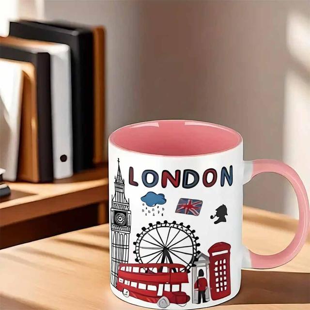 TEMU 1pc London-themed Ceramic Mug, 11oz/360ml - Vibrant -decker Bus & Iconic Landmarks Design, Hand Wash Only, Reusable Coffee Cup, Perfect Gift For , Coffee Bar Accessories