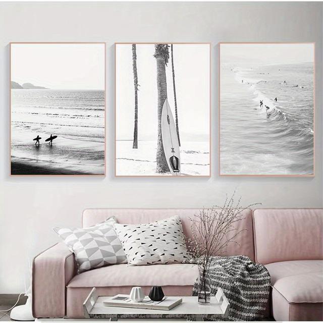 TEMU 3pcs, (canvas Poster Unframes) Painting Surfing Coastal Decor For Living Room Surf Poster California Wall Art Black And Print Beach Canvas