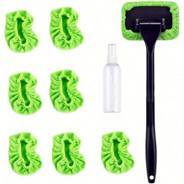TEMU 9pcs Windshield Cleaning Tool Set With 7 Reusable And Washable Microfiber Pads And A Retractable Handle, Green Car Interior Glass Wiper Kit