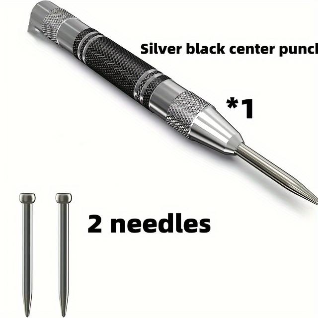 TEMU Automatic Center Punch, Includes 2 Extra Drill Bits - 12.7cm Heavy-duty Steel Spring Tool, Adjustable Tension, Rust-proof, Polished Head, Suitable For Metal, Wood, Glass - Black Metal Material