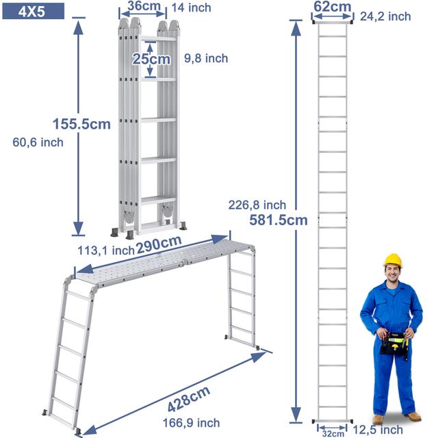 TEMU Vielseitige 6-in-1 Silberleiter: Zusammenklappbar, verstellbar, mit Plattform, Universalleiter