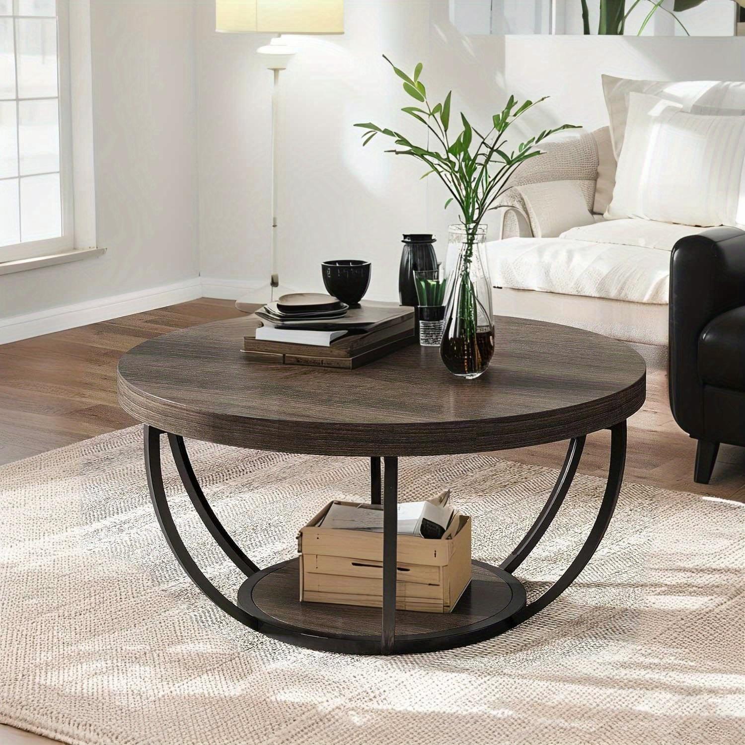 TEMU Round Coffee Table, 31.7" Wooden 2-tier Circle Coffee Table With Storage Shelves, Modern Accent Cocktail Table Center Table For Living Room, Grey