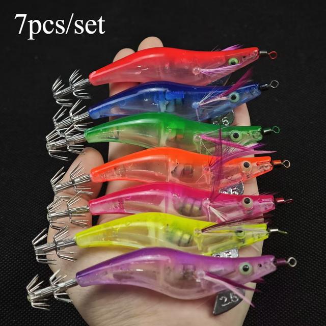 TEMU Avlcoaky 7pcs/set 10.5cm Shrimp Lure Led Squid Jig Sinking Shrimp Lure Squid Hard Bait