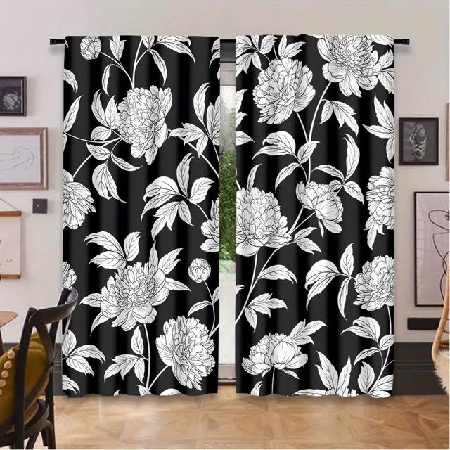 TEMU 2pcs Set Of Curtains Featuring Outlining Peony Flowers And Foliage, Exuding And . Suitable For Various , Enhance - Ideal For Bedrooms, Living Rooms, And Offices, A