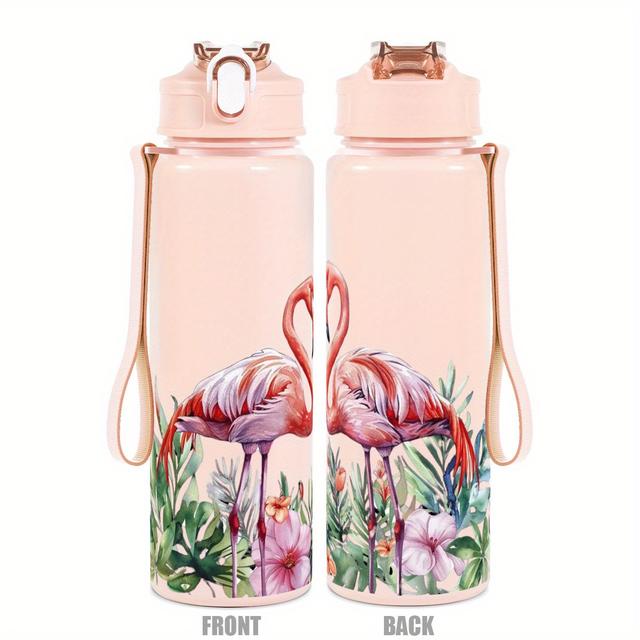 TEMU 1pc 25oz Sports Water Bottle With Watercolor Flamingo And Tropical Print, Suitable For Sports, Fitness, Outdoor Travel, Time Marker Outdoor Durable Large Capacity Hiking Water Bottle