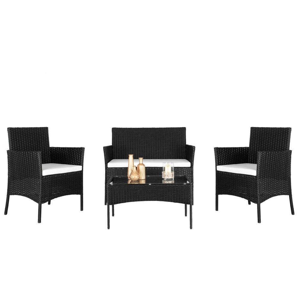 TEMU Vine Woven Sofa Set Complete Set (double+single X2+coffee Table) Black Fully Thickened Cushion Room Courtyard Furniture