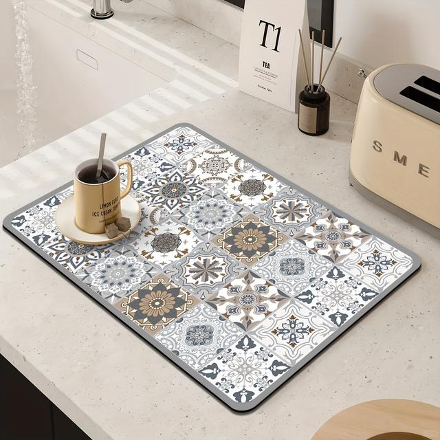 TEMU 1 de tapete de poliéster de super absorbente de secado rápido y antideslizante, utilizado para drenar encimeras, con un diseño retro, muy adecuado para cafeterías y decoración del hogar