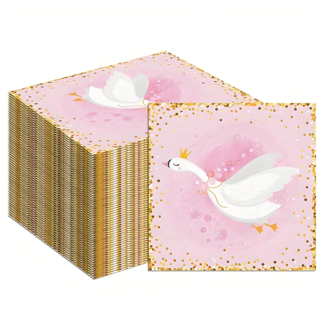 TEMU 40 Elegant Napkins, Perfect For Weddings, Baby Showers, And Anniversaries - Soft Pink Napkins With Golden Sparkles, Featuring A Crown Swan Design And High-quality Material