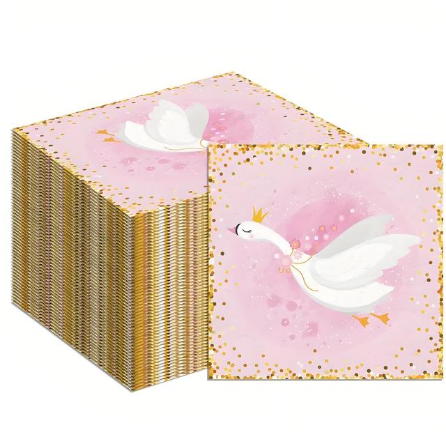 TEMU 40 Elegant Napkins, Perfect For Weddings, Baby Showers, And Anniversaries - Soft Pink Napkins With Golden Sparkles, Featuring A Crown Swan Design And High-quality Material
