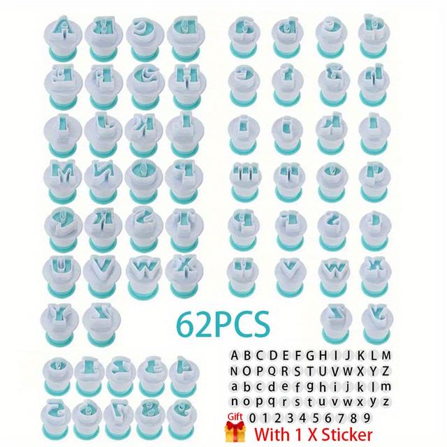 TEMU 62pcs Alphabet Number Fondant Cake Cookie Cutter Set Letter Biscuit Stamp Mold With 1pc Sticker For Cake Decorating, Pastry Making And Baking Tools For Christmas, Birthday Gifts