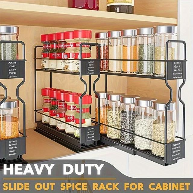 TEMU Pull Out Spice Rack Organizer For Cabinet, 1 2 Tiers Sliding Spice Organizer Rack, Slide Out Spice Rack With Labels And Sponge Brush, Black