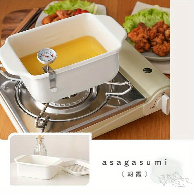 TEMU IH＆ガス対応 型 エナメル 天ぷら鍋 内蔵温度計付き - デザイン、食洗機対応、トレイ付属 - 家庭用・向け 耐久性フライパン、滑り止めハンドル付き