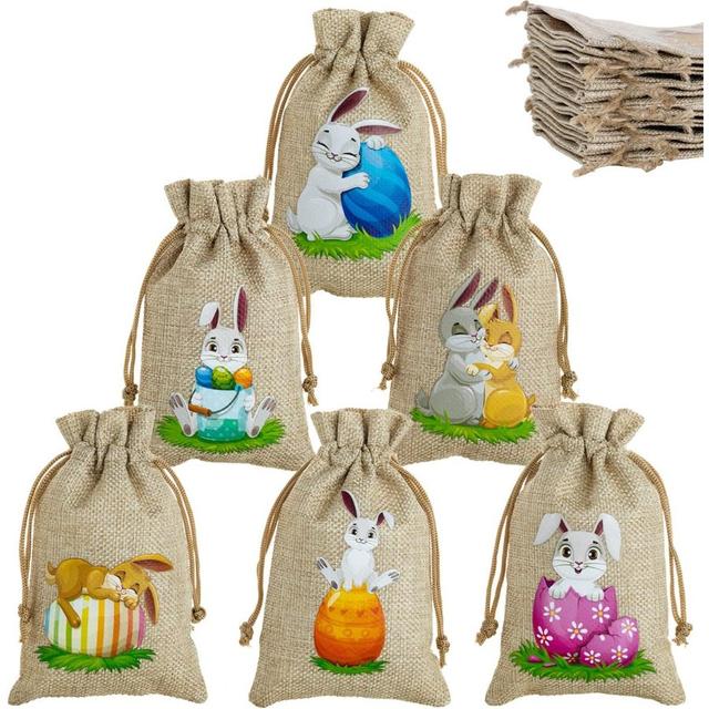TEMU 24pcs Easter Bunny Linen Drawstring Gift Bags, Burlap Jute Party Favor Bags, For Decorations And Gift Wrapping Supplies