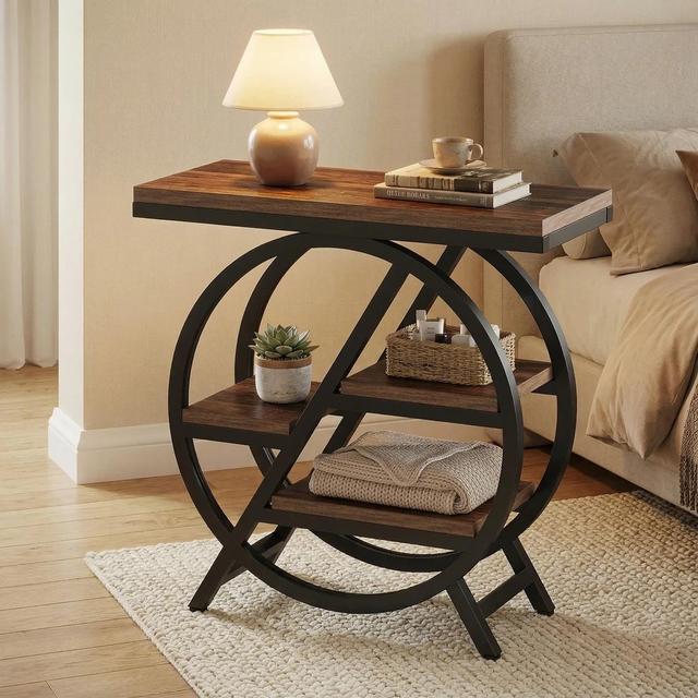 TEMU Rustieke Ronde Nachtkastje, 2-Lagen Industriële Bijzettafel met Houten en Metalen Frame, Rustiek