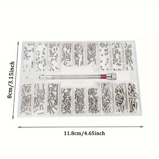 TEMU 500 Mini Tornillos de Reparación con Destornillador - 18 Tamaños, Acabado Metálico Duradero, Compatible con Gafas, Relojes, Laptops, Dispositivos Electrónicos - Incluye Kit de Reparación de Gafas