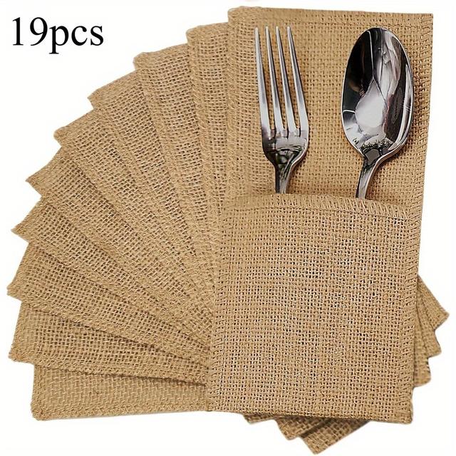 TEMU 19 Peças de Porta-Utensílios de Juta, Bolsa Natural para Talheres, Porta-Facas, Garfos, Colheres e Guardanapos para Decoração de Casamento e Lembrancinhas