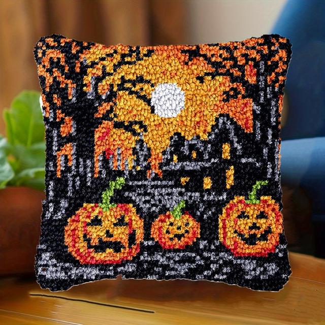 TEMU Halloween Pumpkin Latch Hook Kits For Adults, Beginners Diy Latch Hook Pillow Kit Pre-printed Hook And Latch Rug Kits - Embroidery Cushion Cover For Home Sofa Decoration 43x43cm/17x17in.