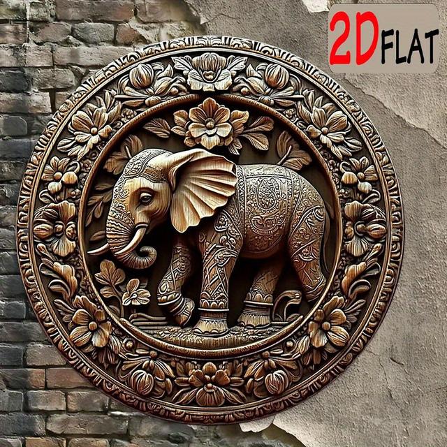 TEMU 2d Flat, Vintage Elephant And Floral Pattern Metal Wall Art - 8x8 Inch Round Plaque With Intricate Design, Golden-tone Finish For Indoor/outdoor Decor, Housewarming Gift, Elephant Decor