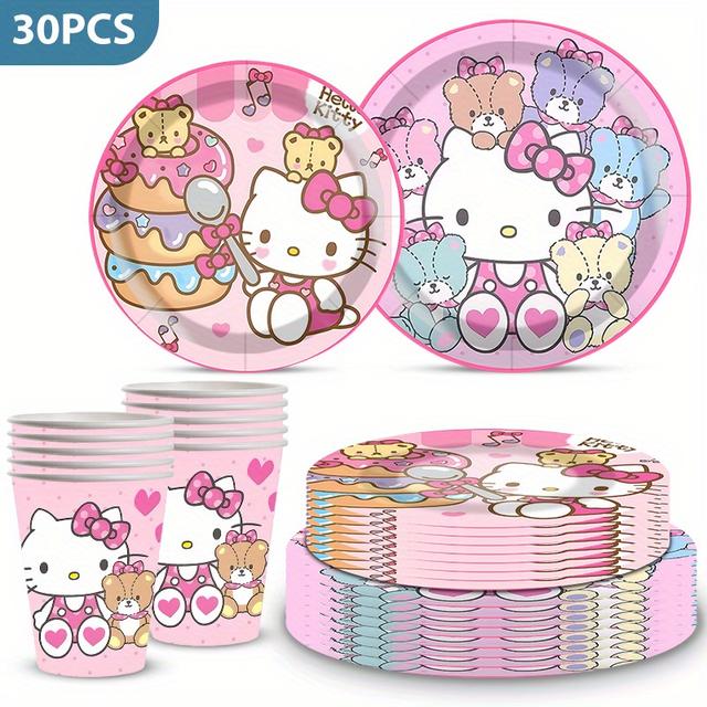 TEMU 30pcs Kitty Themed Disposable Tableware Set For Birthday Parties, Including Plates, Cups, Decorative Items, Suitable For Festive Celebrations, Outdoor Camping Picnics, Gatherings Or Barbecues