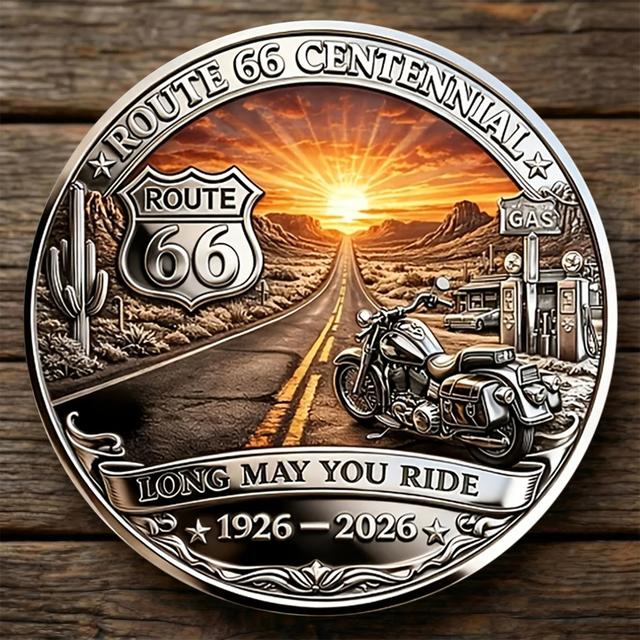 TEMU 1 moneda de aleación que un de vial, con viaje en motocicleta por 66 en relieve. Una moneda coleccionable clásica que la vial